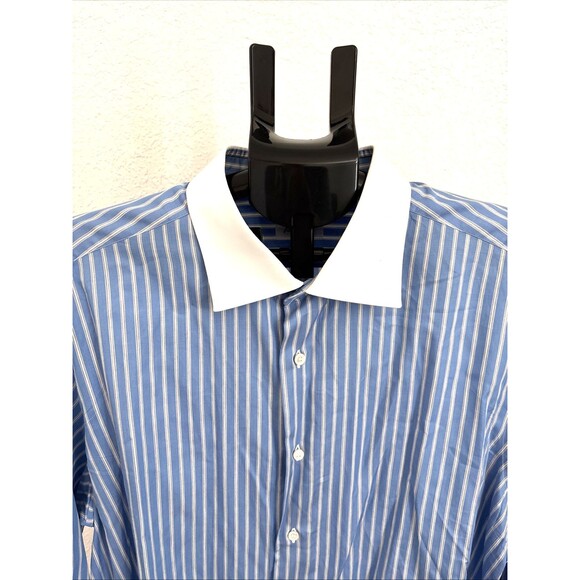 Brioni Men’s 18" Large Blue White Striped Long Sleeve French Cuff Shirt Italy - Picture 3 of 10